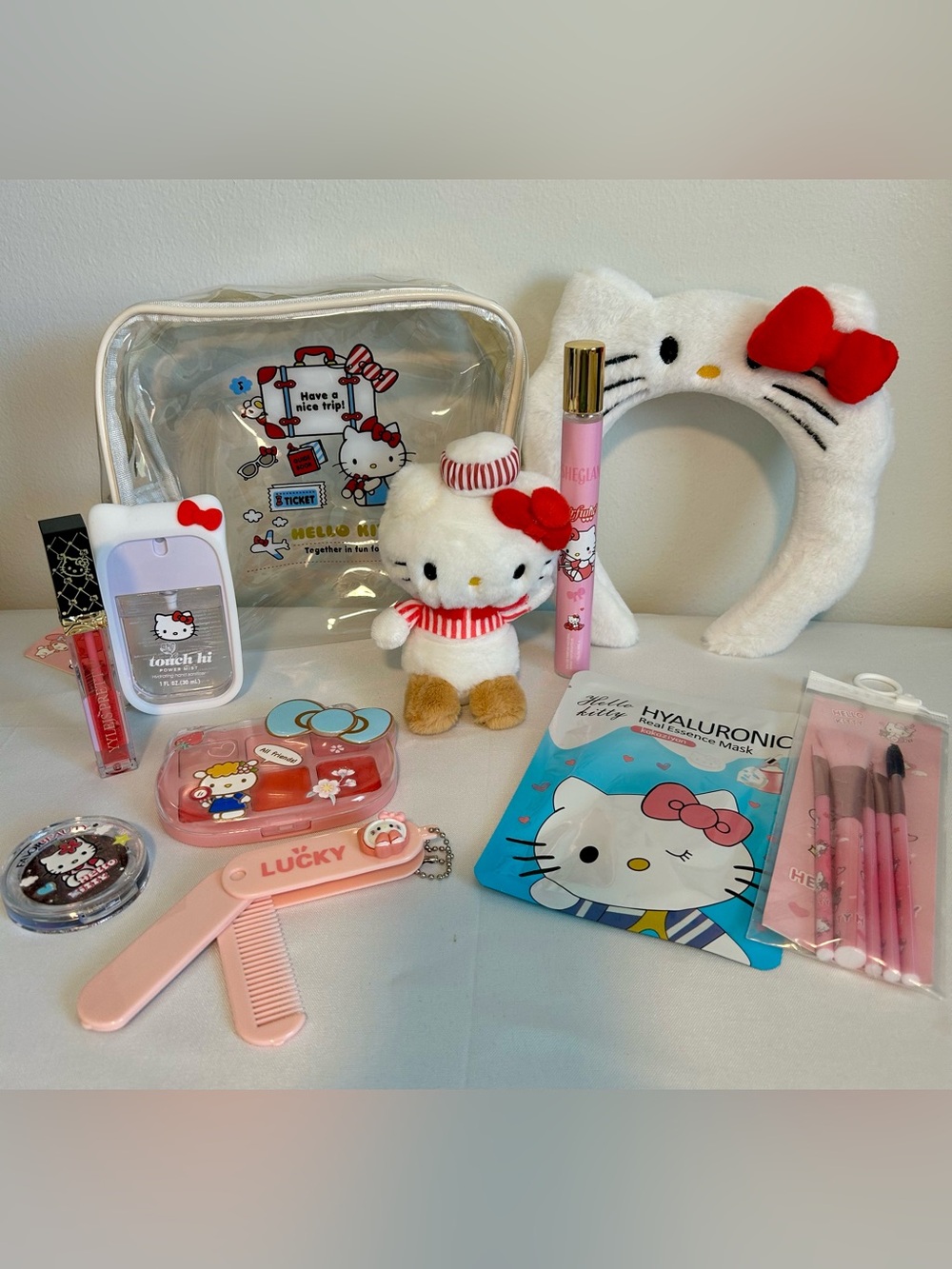 Sanrio makeup bag, Hello Kitty Plush & Accessory Set - White, Red, Pink
